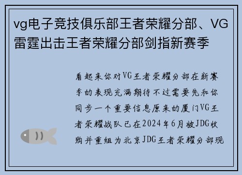 vg电子竞技俱乐部王者荣耀分部、VG雷霆出击王者荣耀分部剑指新赛季
